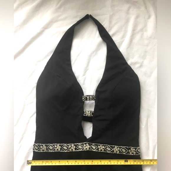 Vintage Jovani long black backless gown with beautiful silver beading low neck